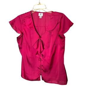 Worthington Pink Button Front Blouse Cap Sleeve Bow Petite Large